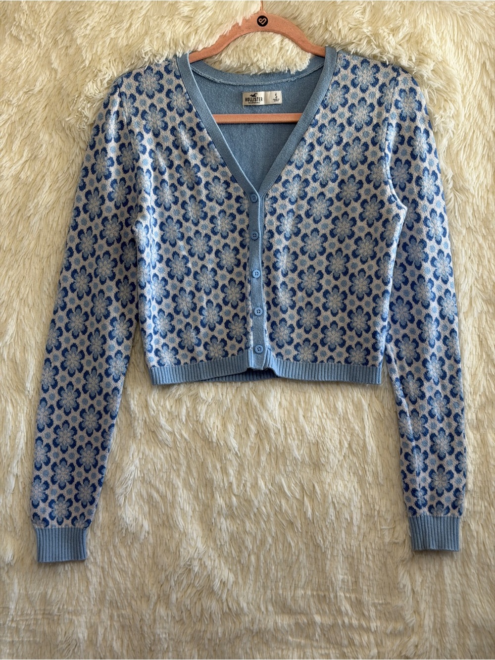 Hollister Womens Floral Cropped Knit Cardigan Size S Blue White Y2K Indie Twee